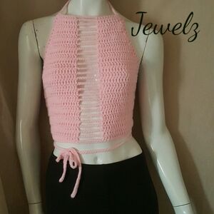 Pink Crochet Halter Crop Top